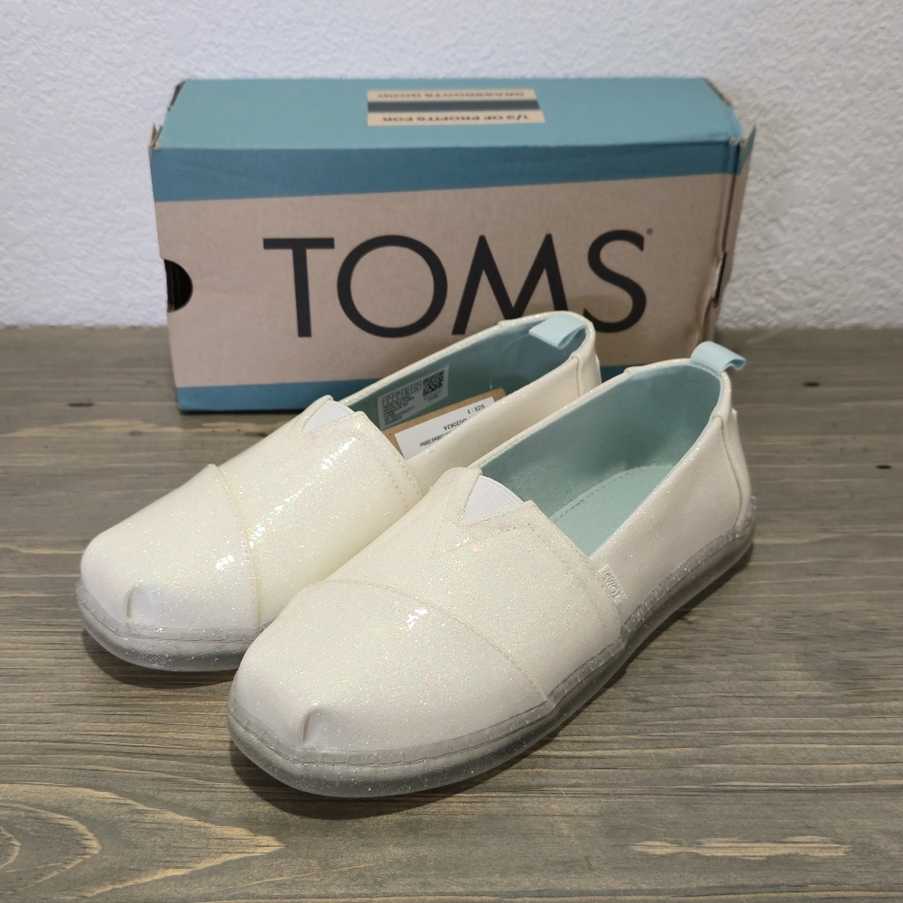 TOMS Alpargata White Confetti Coated Glitter Youth 3 New In Box